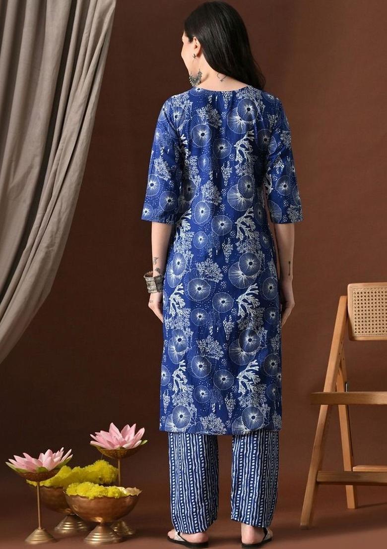 Blue Printed Cotton Kurta Set - Indya