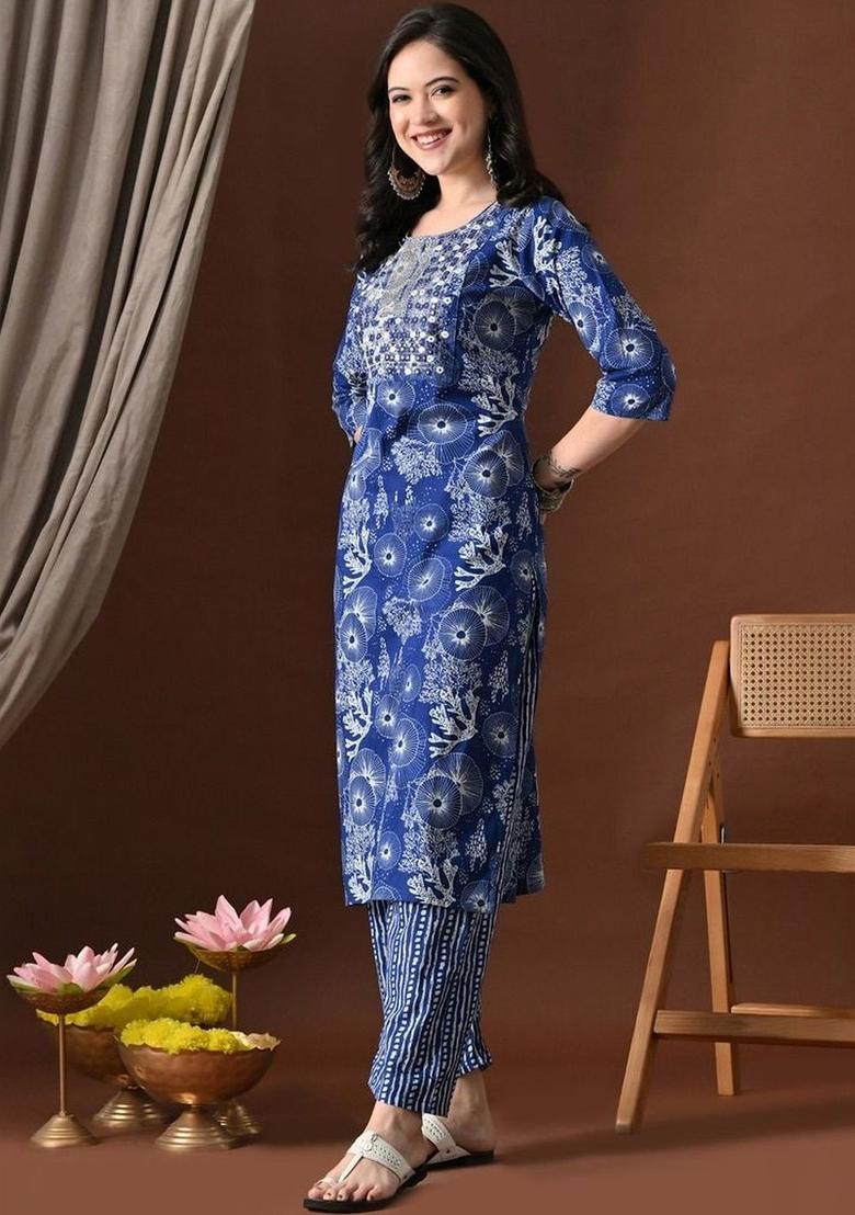 Blue Printed Cotton Kurta Set - Indya