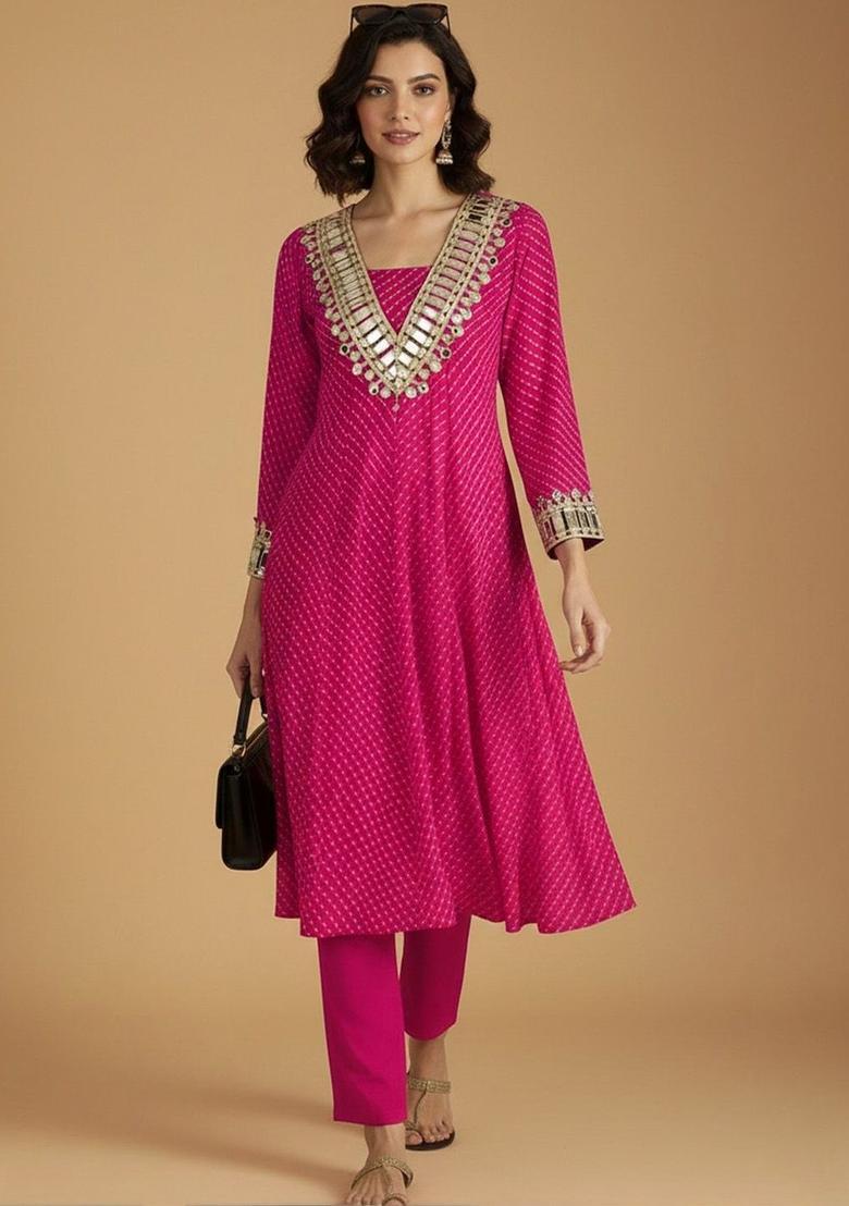 Magenta Printed Georgette Kurta Set - Indya