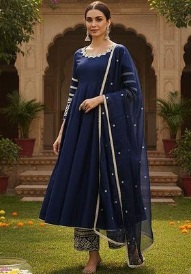 Navy Blue Solid Silk Kurta Set