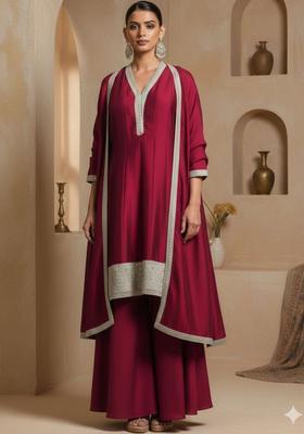 Maroon Solid Silk Kurta Set