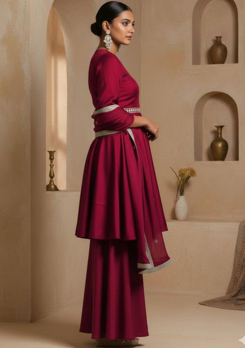 Maroon Solid Silk Kurta Set - Indya