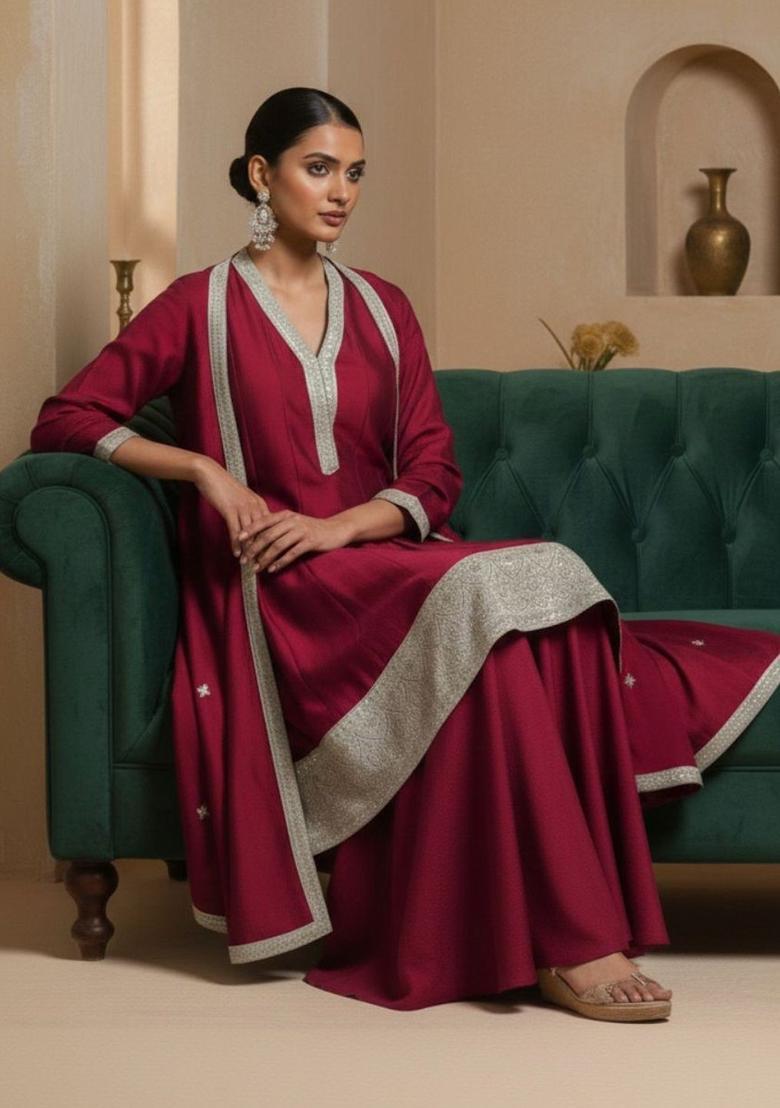 Maroon Solid Silk Kurta Set - Indya