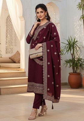 Burgundy Embroidered Silk Blend Kurta Set