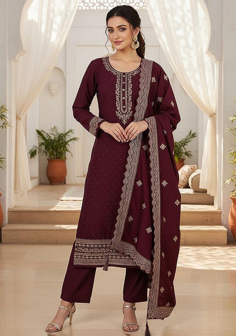 Burgundy Embroidered Silk Kurta Set - Indya