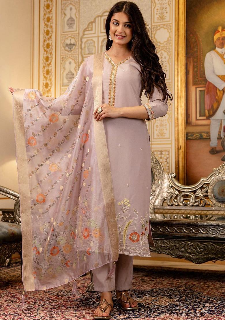 Lavender Embroidered Viscose Kurta Set - Indya