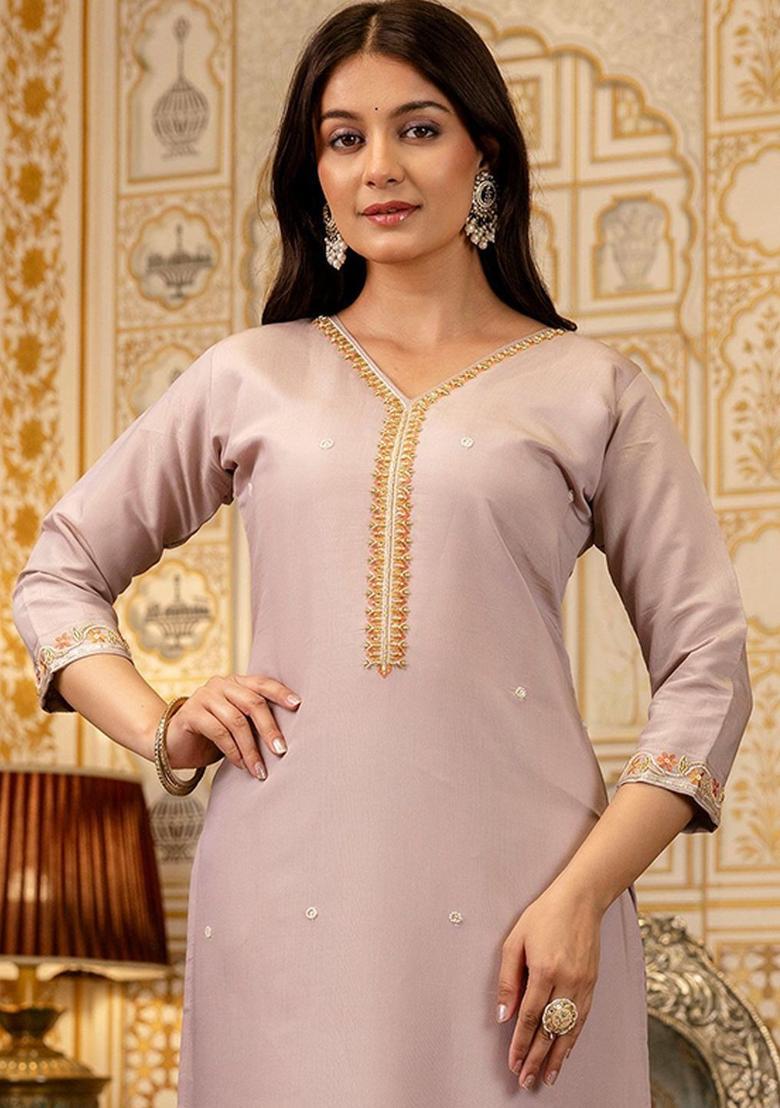 Lavender Embroidered Viscose Kurta Set - Indya
