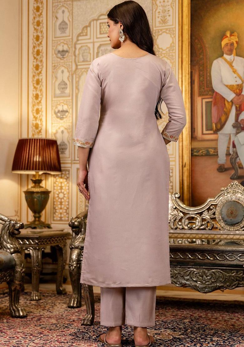 Lavender Embroidered Viscose Kurta Set - Indya
