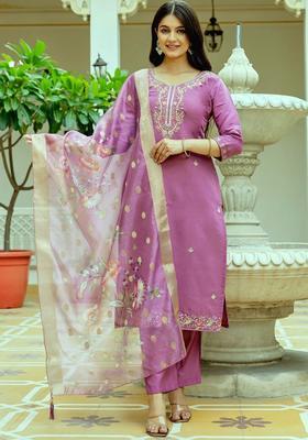 Purple Embroidered Viscose Kurta Set