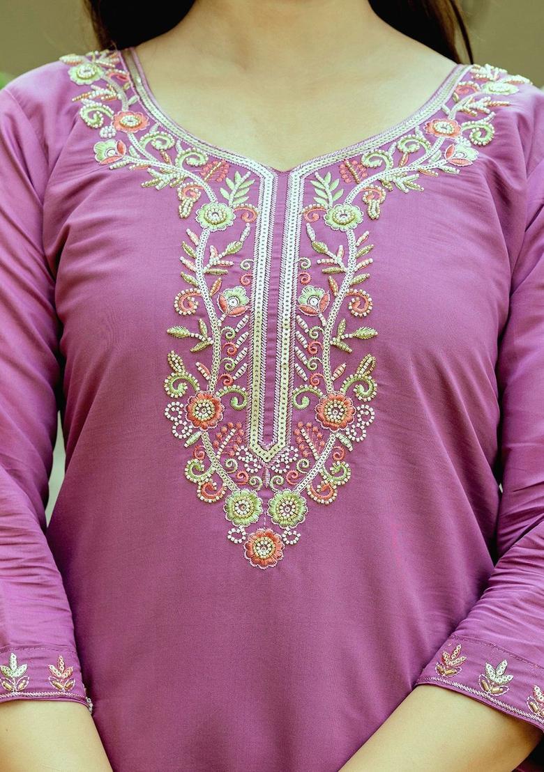 Purple Embroidered Viscose Kurta Set - Indya