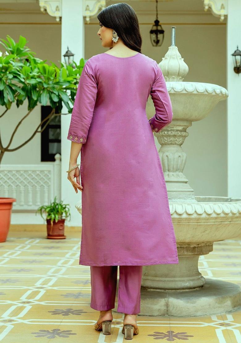 Purple Embroidered Viscose Kurta Set - Indya