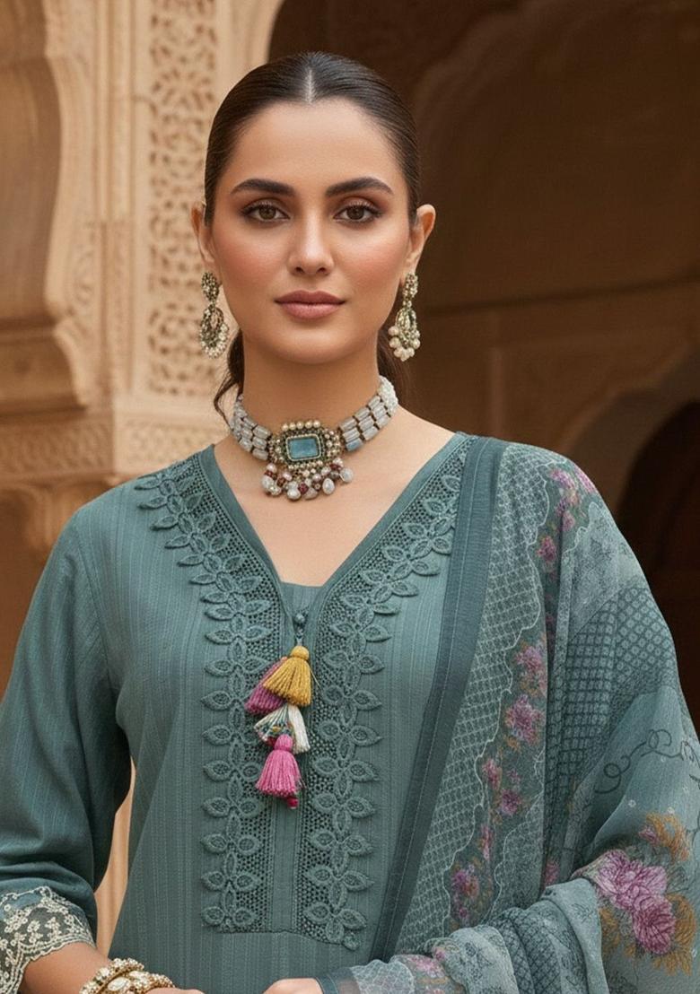 Turquoise Blue Embroidered Cotton Kurta Set - Indya