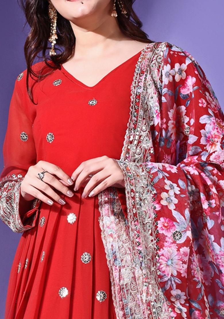 Red Embroidered Georgette Kurta Set - Indya