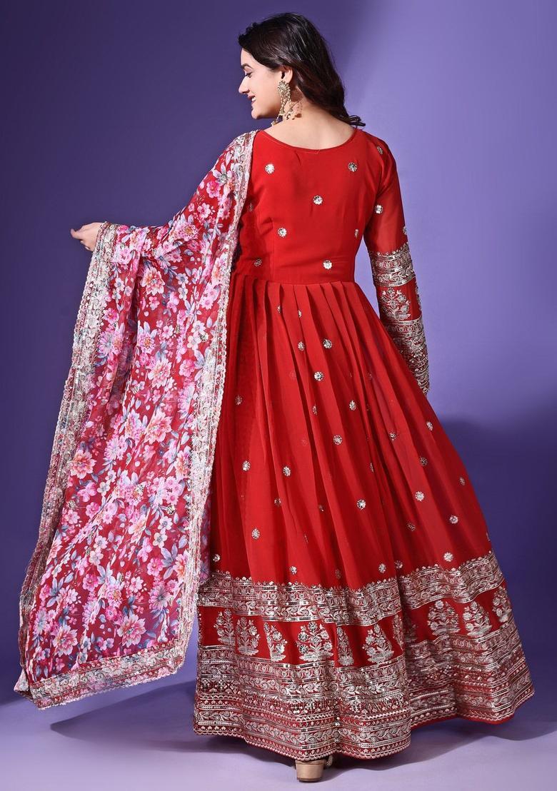Red Embroidered Georgette Kurta Set - Indya