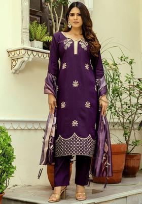 Purple Embroidered Viscose Kurta Set