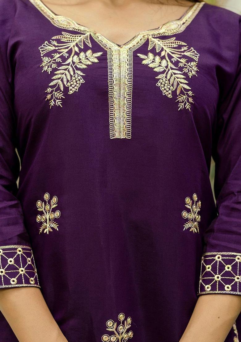 Purple Embroidered Viscose Kurta Set - Indya