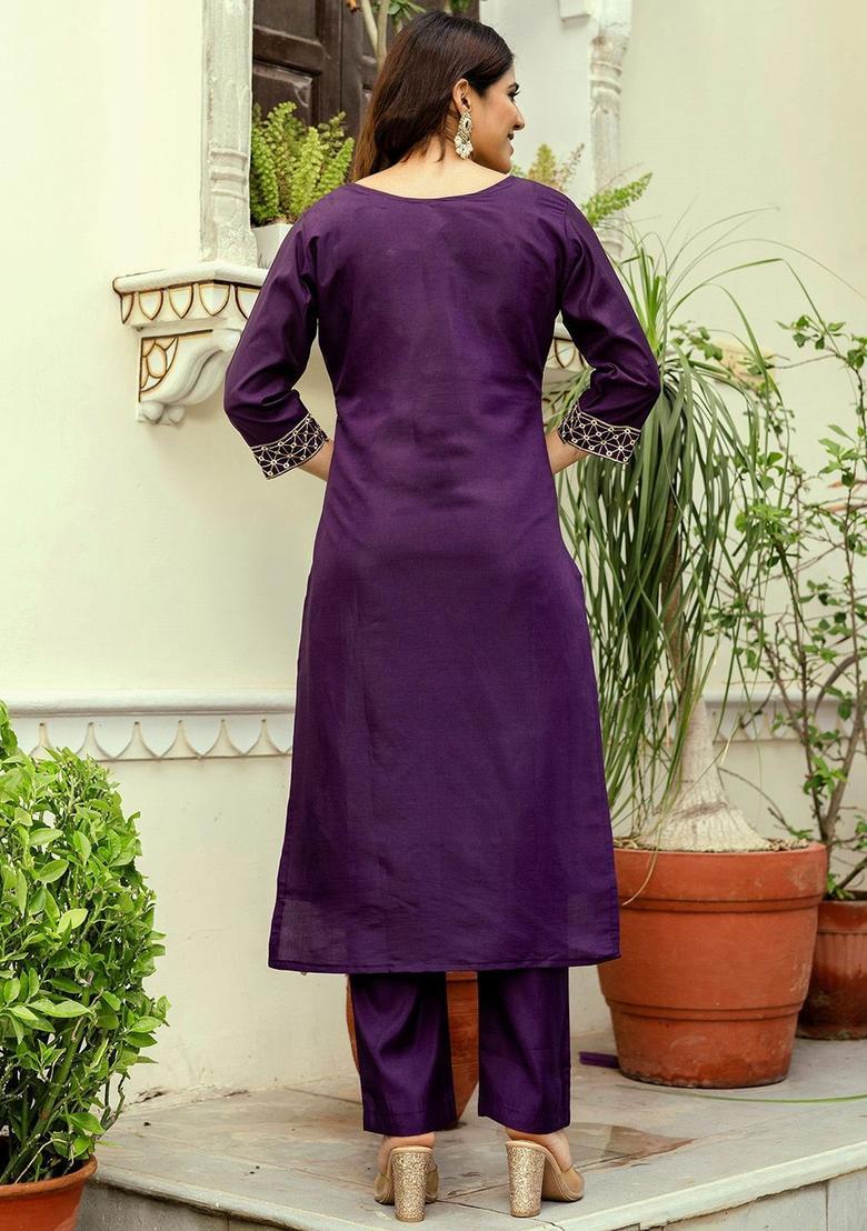 Purple Embroidered Viscose Kurta Set - Indya