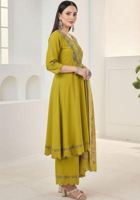 Lime Green Embroidered Silk Kurta Set