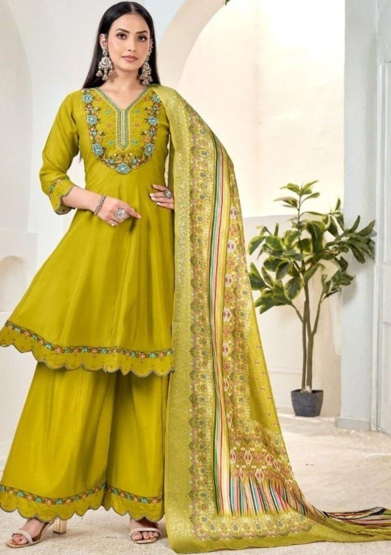 Lime Green Embroidered Silk Kurta Set - Indya