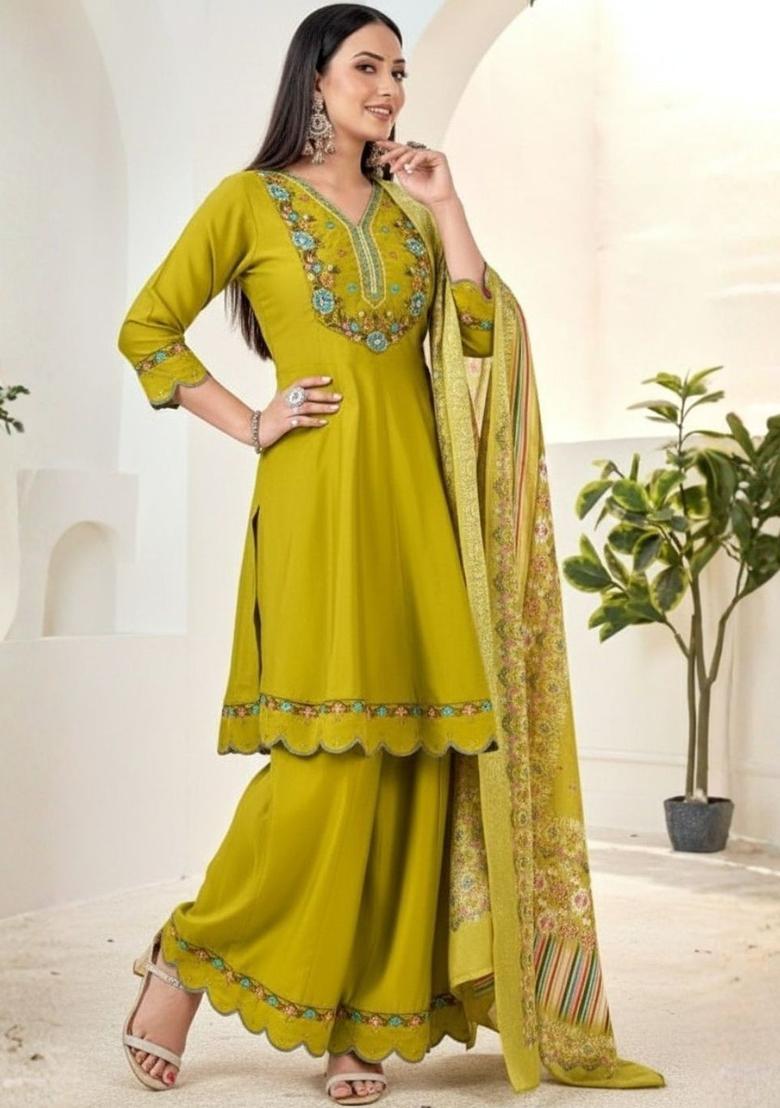 Lime Green Embroidered Silk Kurta Set - Indya