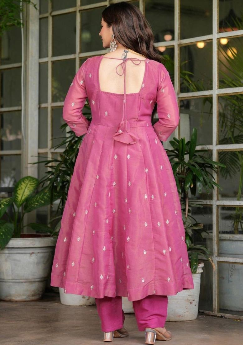 Pink Embroidered Silk Kurta Set - Indya