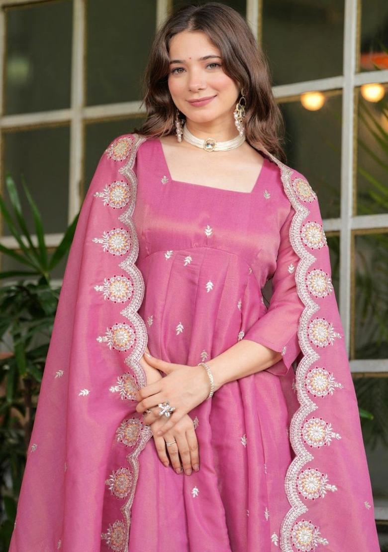 Pink Embroidered Silk Kurta Set - Indya