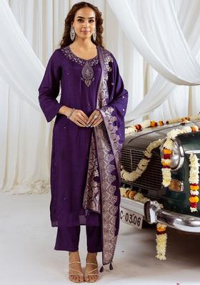 Purple Solid Silk Blend Kurta Set