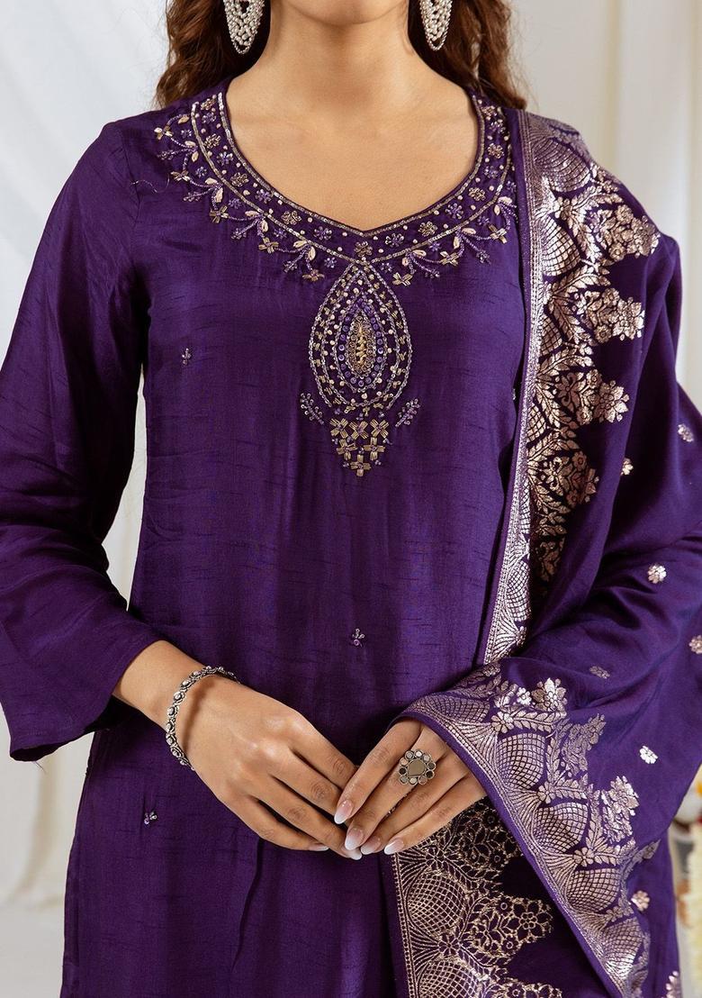 Purple Solid Silk Kurta Set - Indya