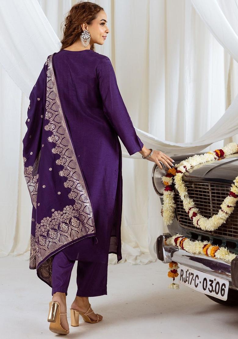 Purple Solid Silk Kurta Set - Indya