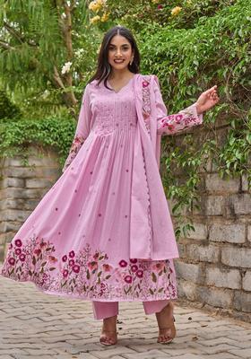 Pink Embroidered Cotton Kurta Set