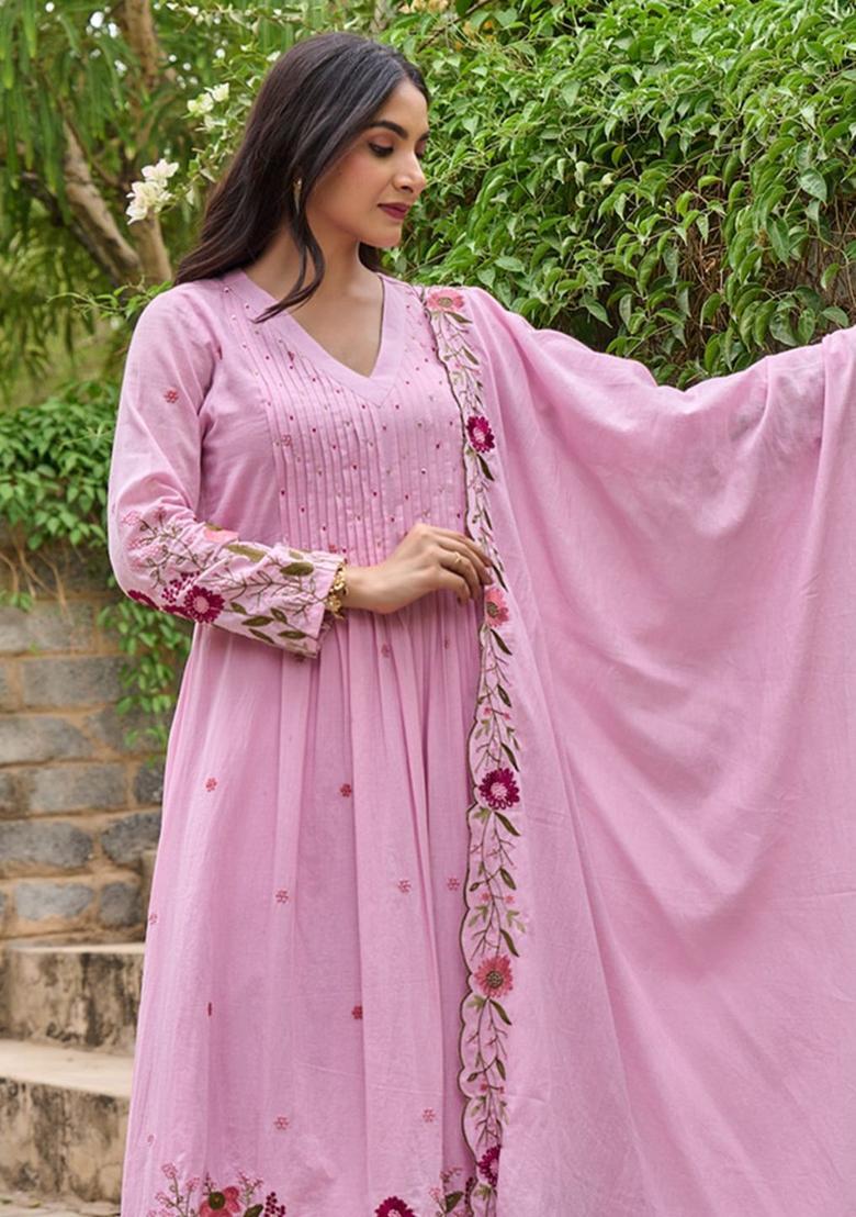 Pink Embroidered Cotton Kurta Set - Indya