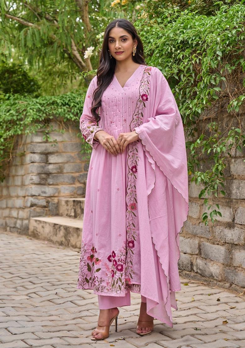 Pink Embroidered Cotton Kurta Set - Indya