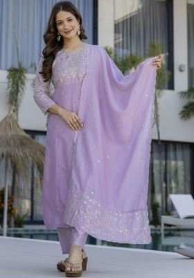 Lavender Embroidered Silk Kurta Set