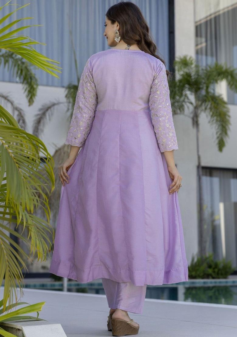 Lavender Embroidered Silk Kurta Set - Indya