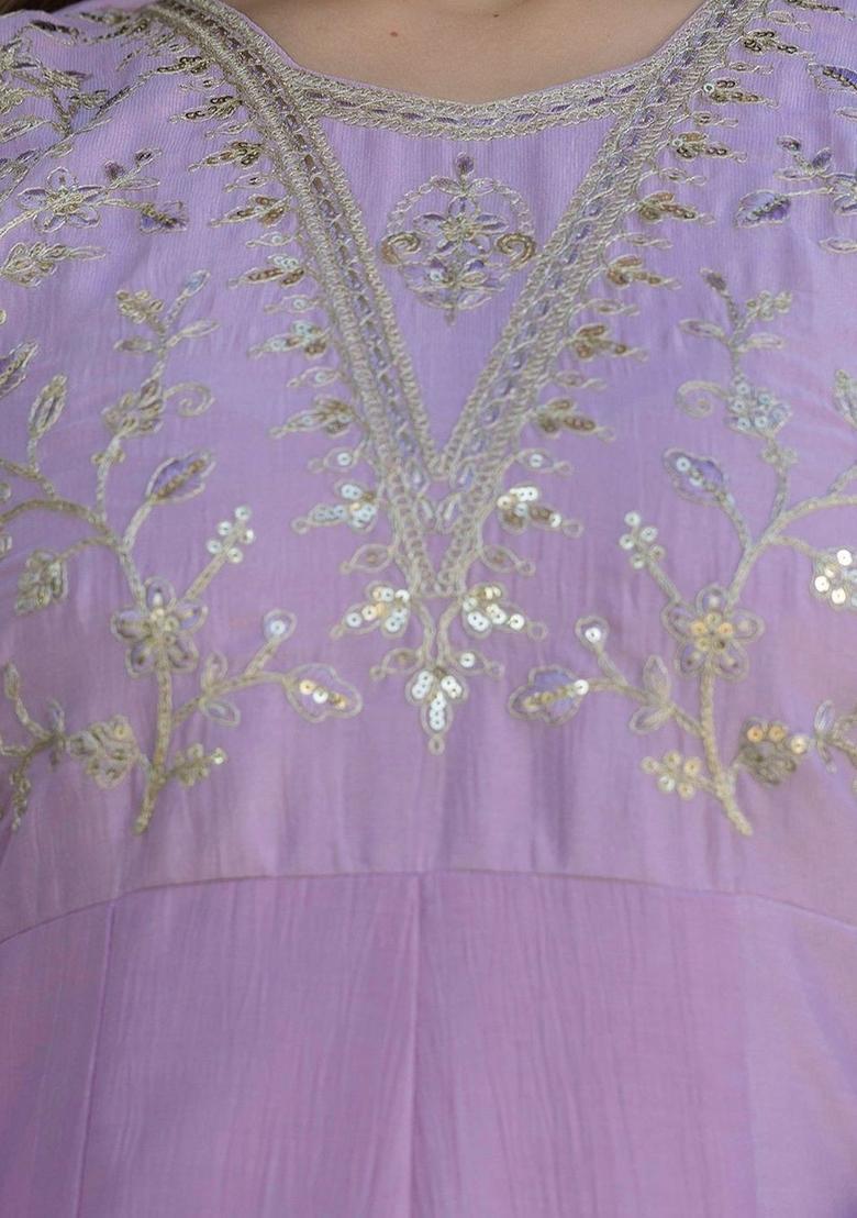 Lavender Embroidered Silk Kurta Set - Indya