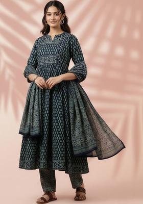 Navy Blue Printed Cotton Kurta Set