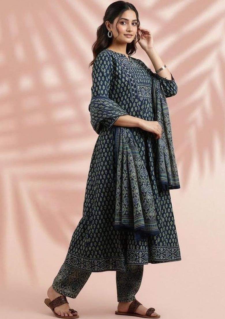Navy Blue Printed Cotton Kurta Set - Indya