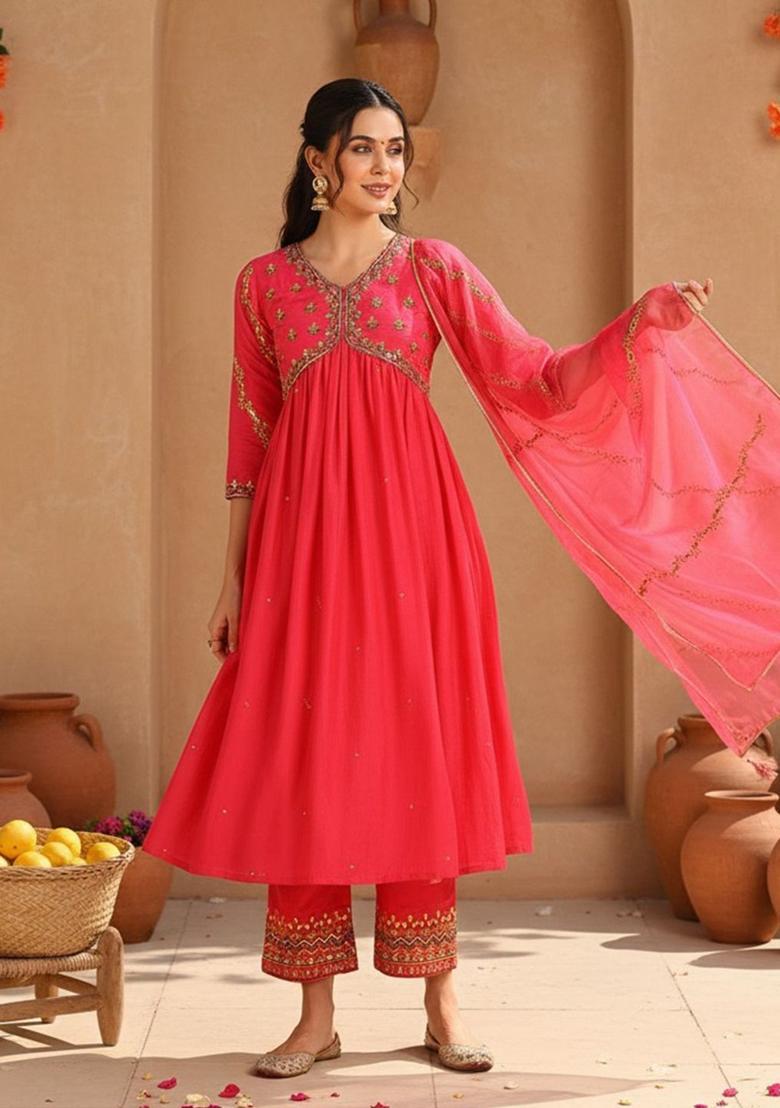 Pink Embroidered Silk Anarkali Set - Indya