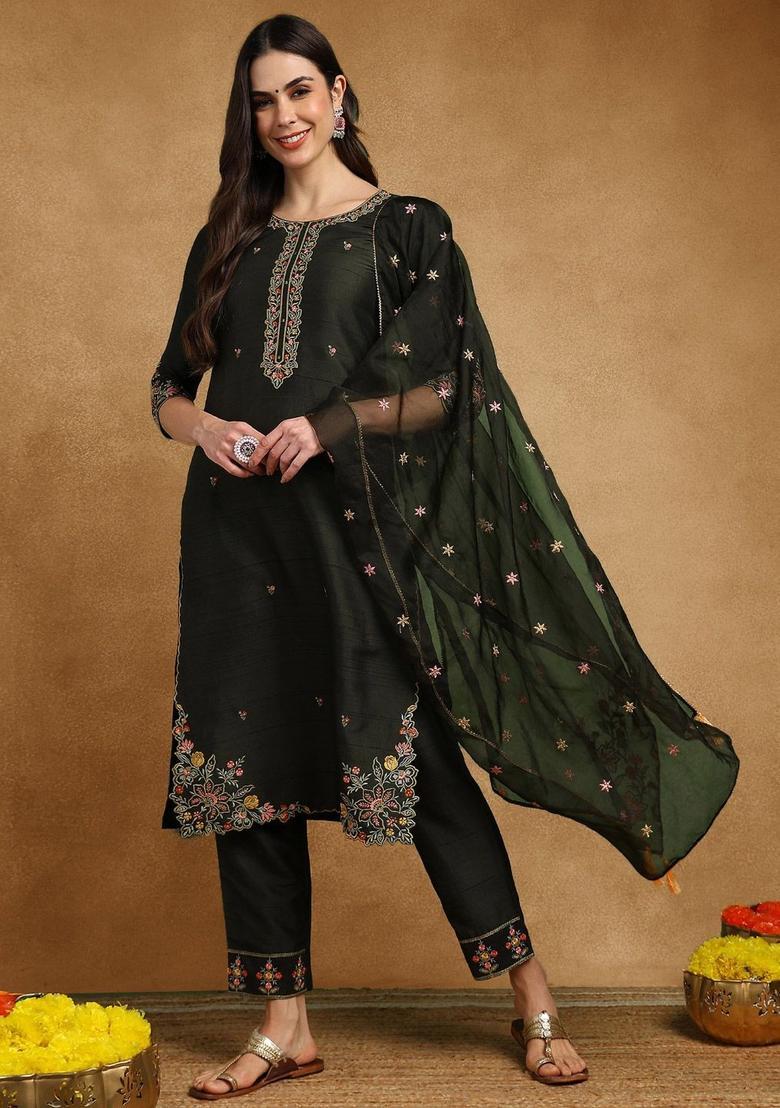 Olive Embroidered Silk Kurta Set - Indya