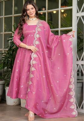Pink Embroidered Silk Kurta Set