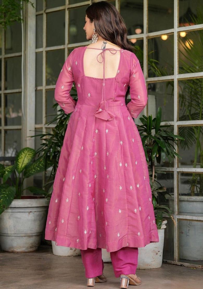 Pink Embroidered Silk Kurta Set - Indya