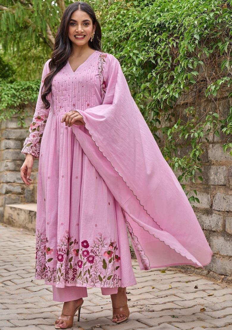 Pink Embroidered Silk Kurta Set - Indya