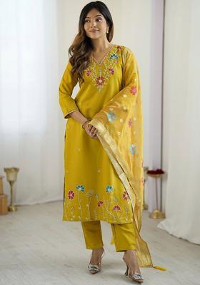 Yellow Embroidered Viscose Kurta Set