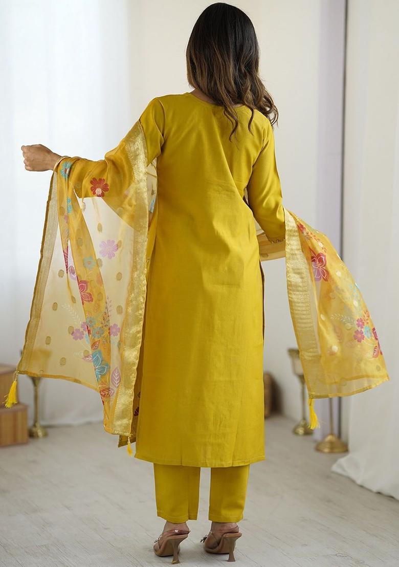 Yellow Embroidered Viscose Kurta Set - Indya