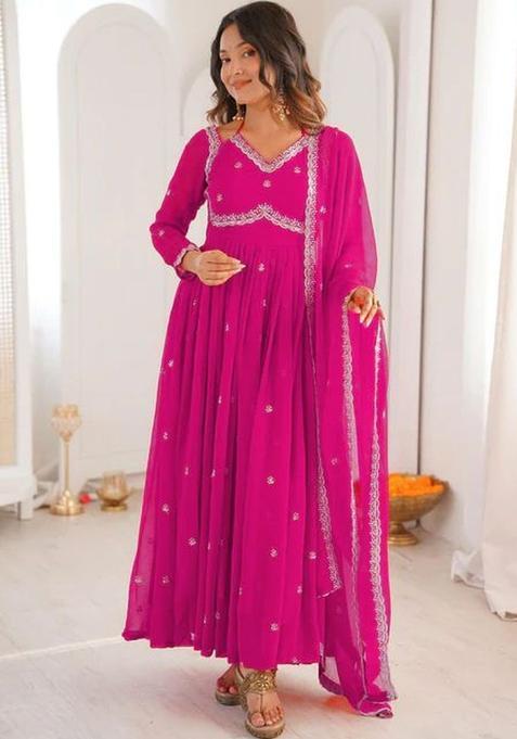 Magenta Embroidered Georgette Kurta Set