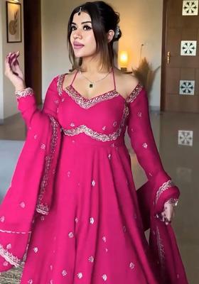 Fuchsia Embroidered Georgette Kurta Set