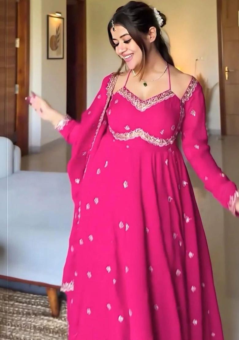 Fuchsia Embroidered Georgette Kurta Set - Indya