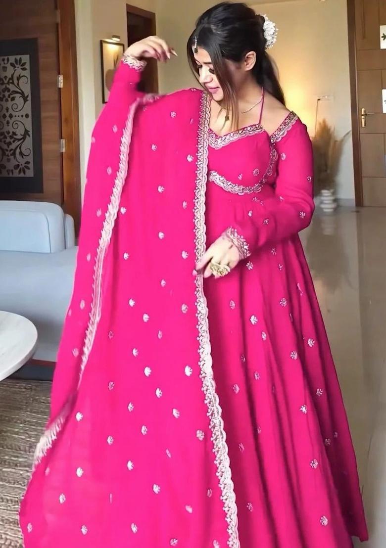 Fuchsia Embroidered Georgette Kurta Set - Indya