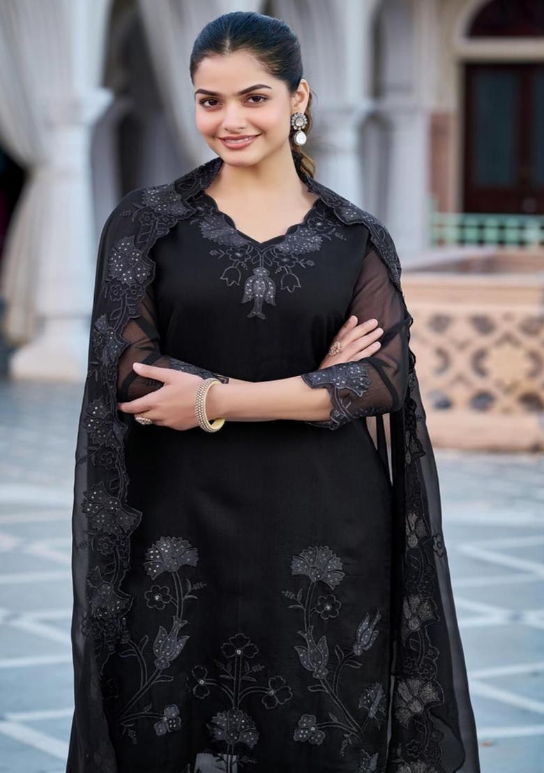 Black Embroidered Georgette Kurta Set - Indya
