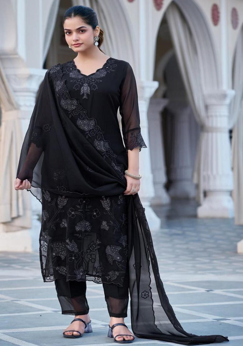 Black Embroidered Georgette Kurta Set - Indya